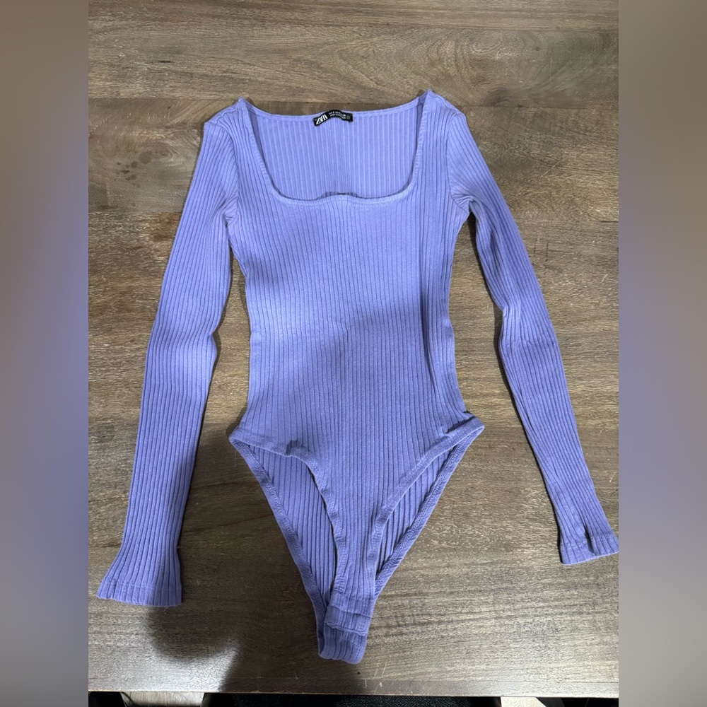 Zara Ribbed Periwinkle Bodysuit | Square Neck Long Sleeve Fitted Top